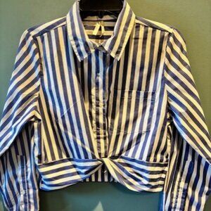 True Destiny L Blue White Stripe Crop Long Sleeve Twist Top Modern Collar Button